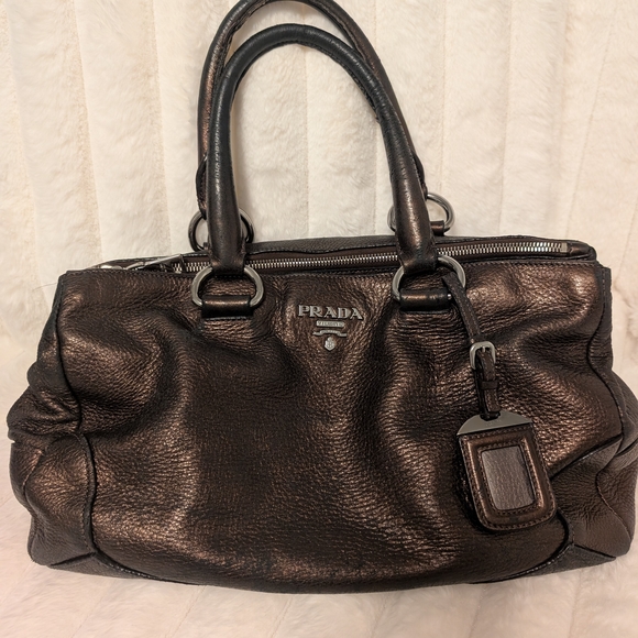 Prada Handbags - Prada Brown Vitello Daino Leather Medium Bauletto Logo Bag
